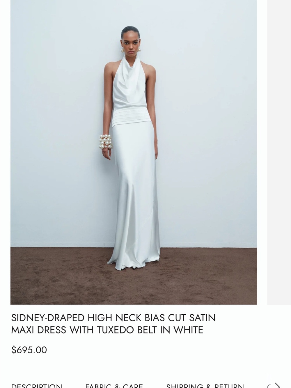 Draped High-Neck Satin Maxi Dress in White